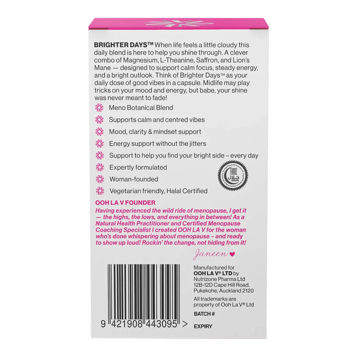 Side of Brighter Days packaging showing product information and a note on the founder of the women-led brand.