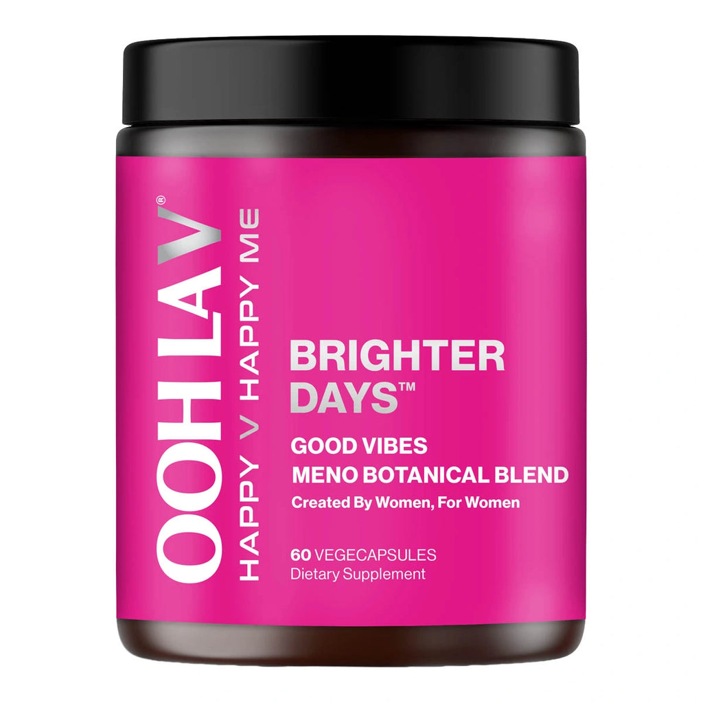 Pink supplement container labeled 'Ooh La V Brighter Days' with black lid on a white background. Good vibes, meno botanical blend.
