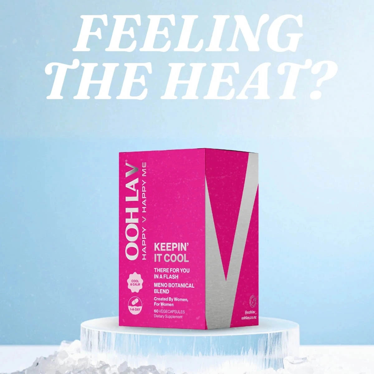 Keepin' It Cool Packaging on a block of ice with a blue background and text saying 'Feeling the heat?'.