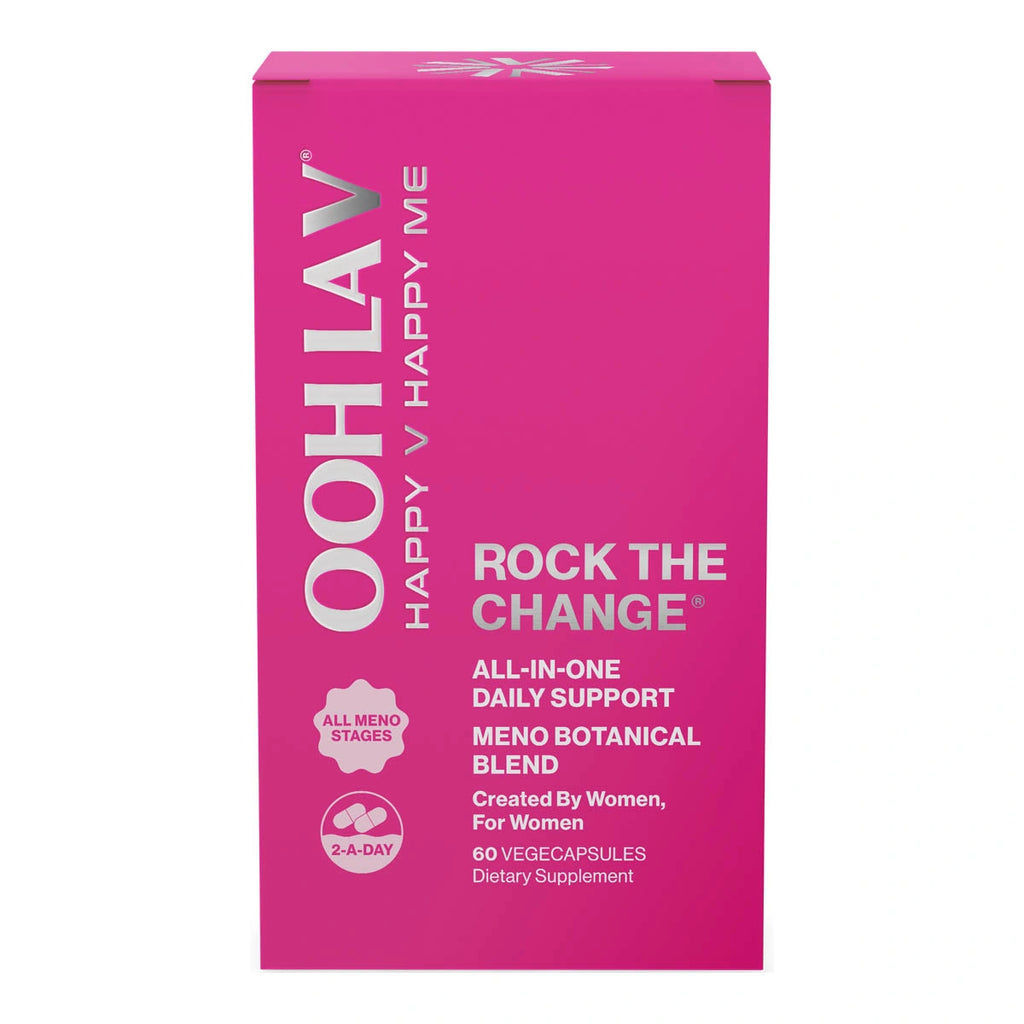Pink box of Ooh La V Rock The Change on a white background. Meno botanical blend, created by woman for women.