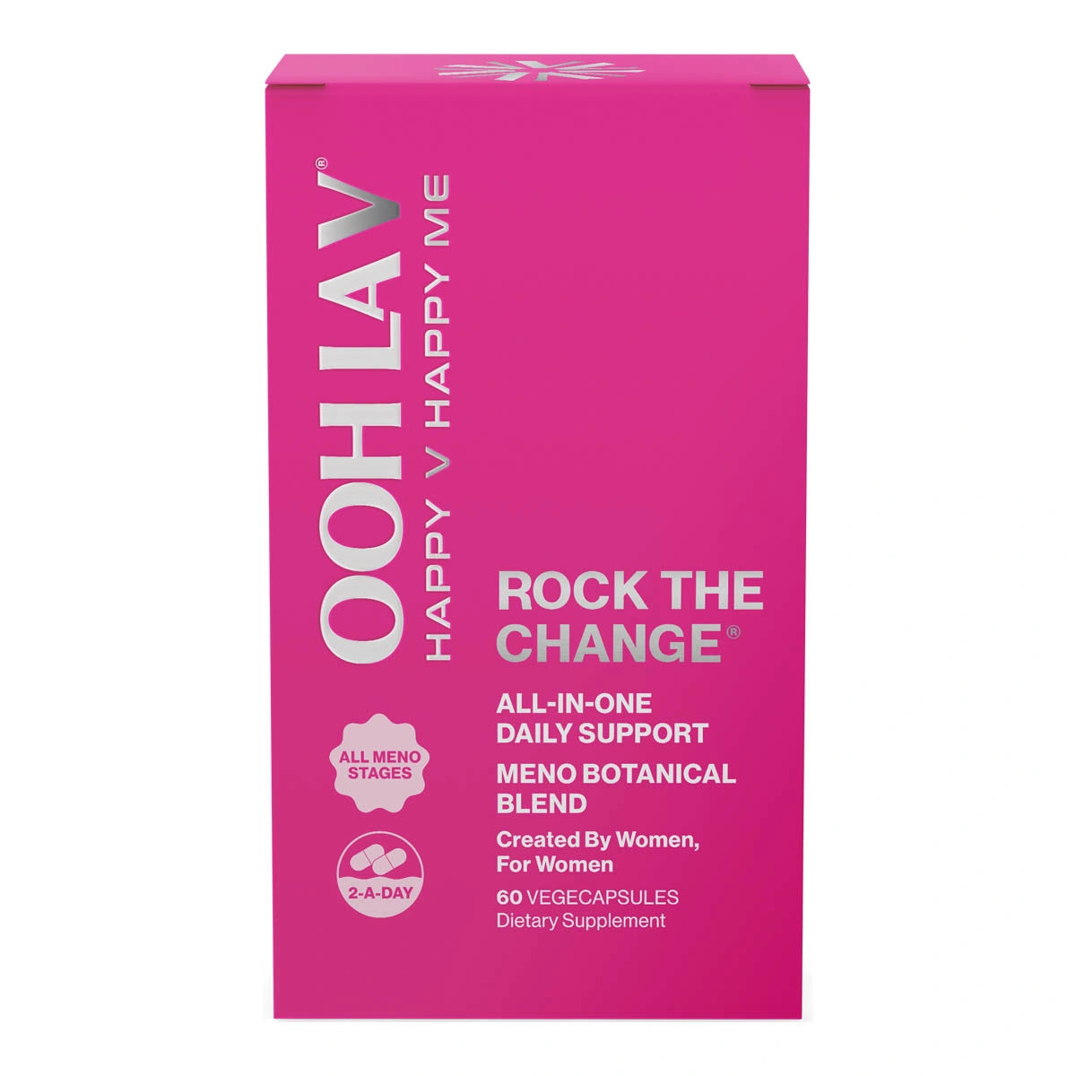 Pink box of Ooh La V Rock The Change on a white background. Meno botanical blend, created by woman for women.