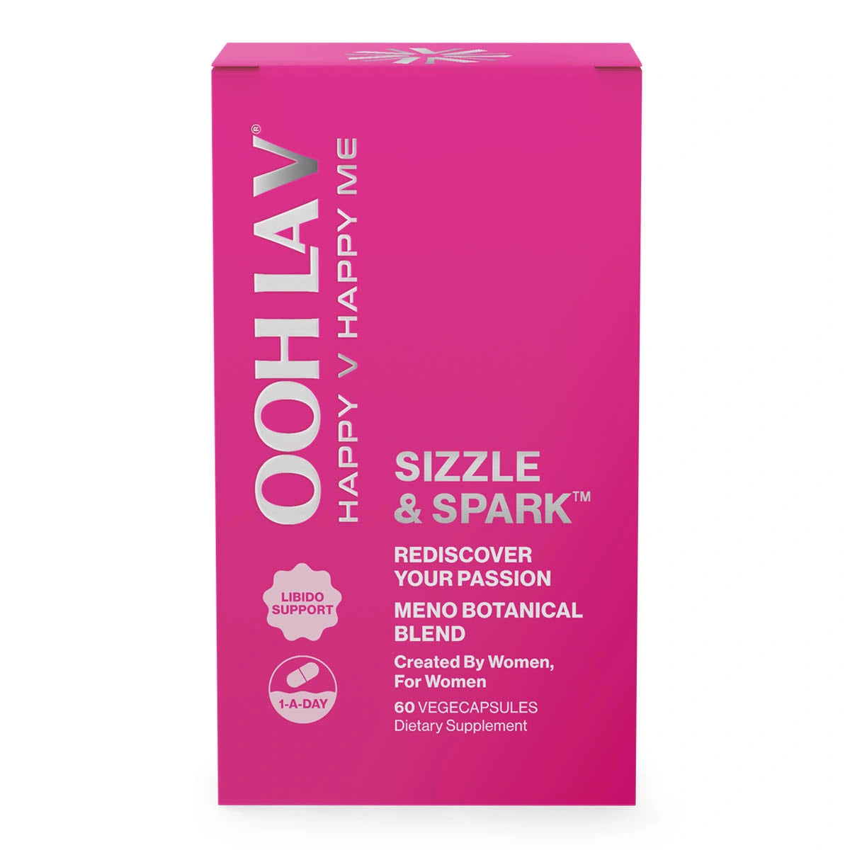 Pink box of Ooh La V Sizzle & Spark dietary supplement on a white background. Rediscover your passion, meno botanical blend. 60 vege capsules.