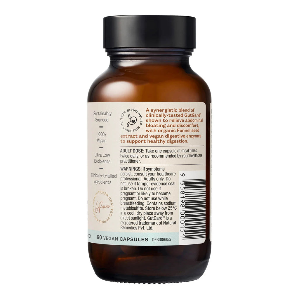 Bottle of vegan digestive capsules with label on a white background