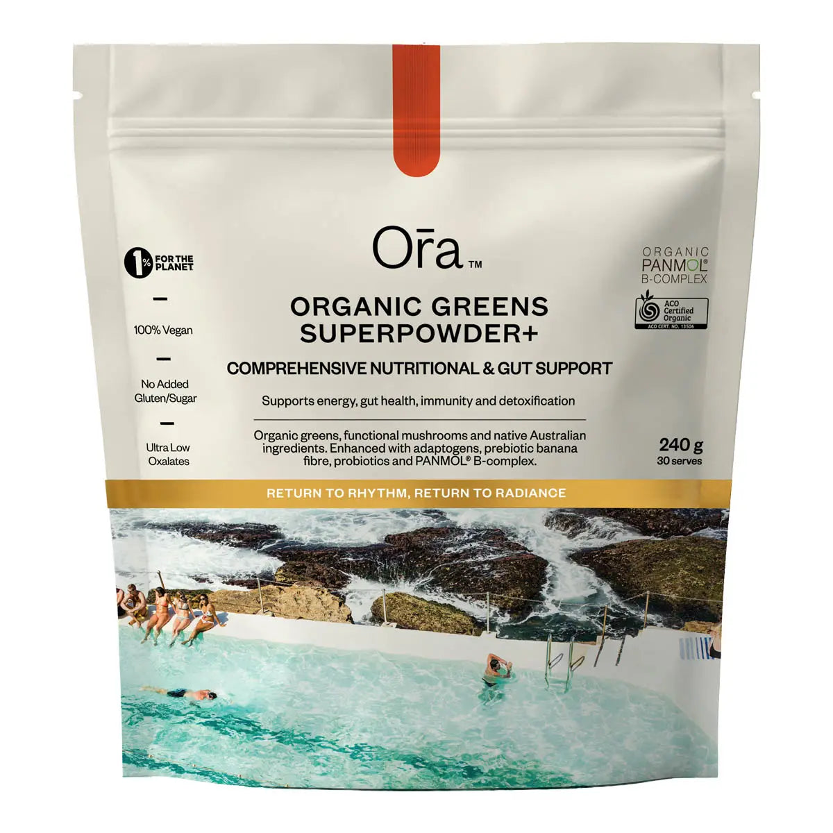 240g pouch of Ora Organic Greens Superpowder on a white background. Comprehensive nutritional & gut support. 