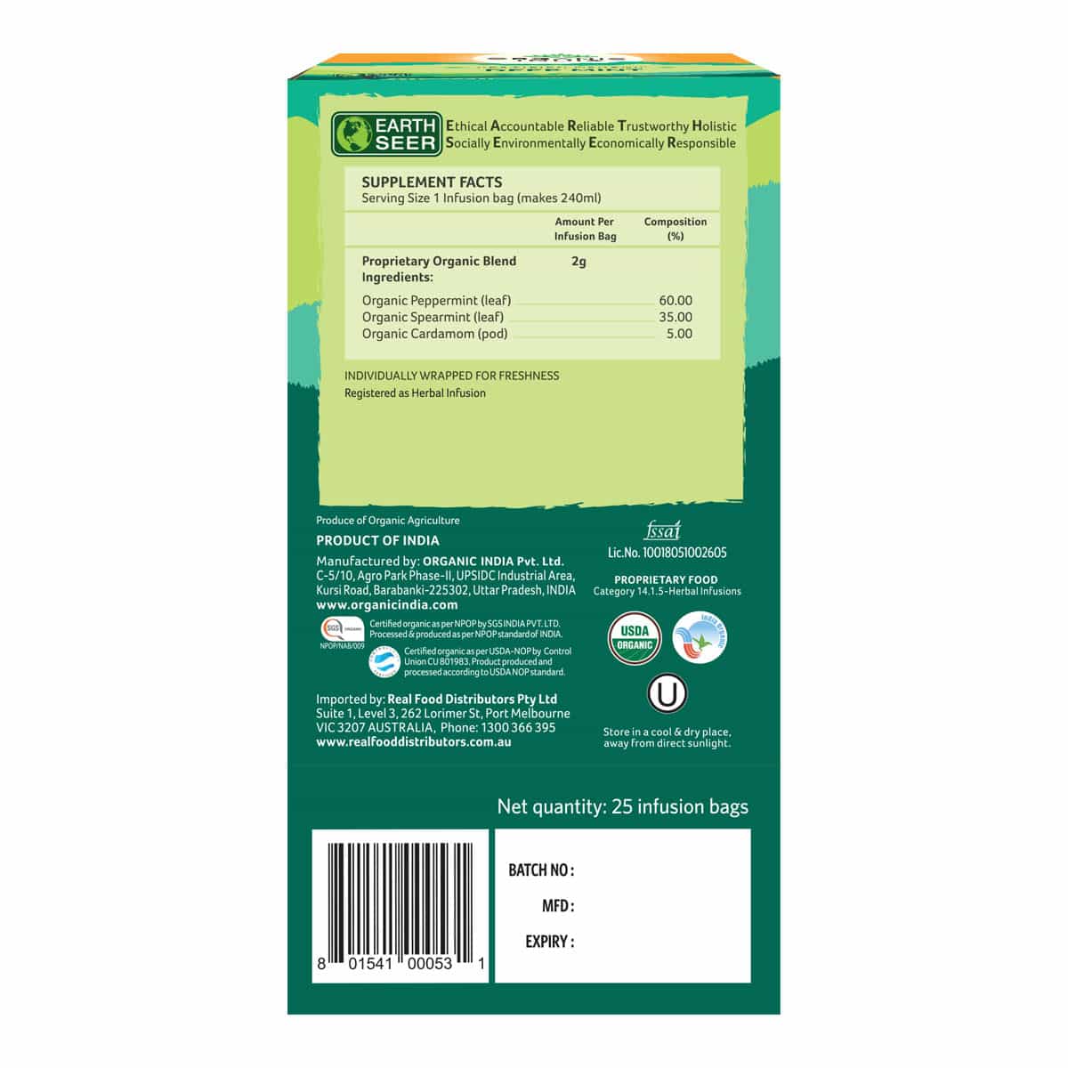 Back view of Deep Mint tea packaging with green and white design.