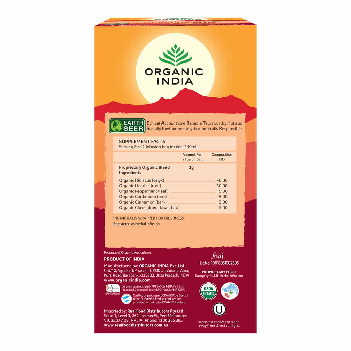 Box of Organic India tea with label and branding details.