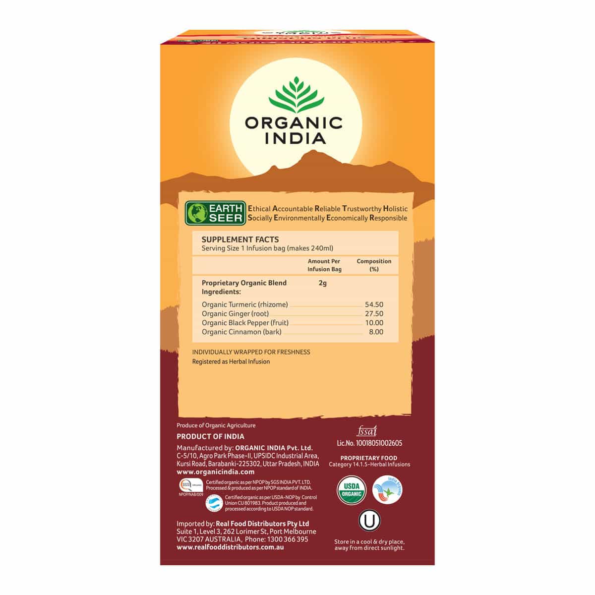 Box of Organic India tea with ingredient list and branding on a white background.