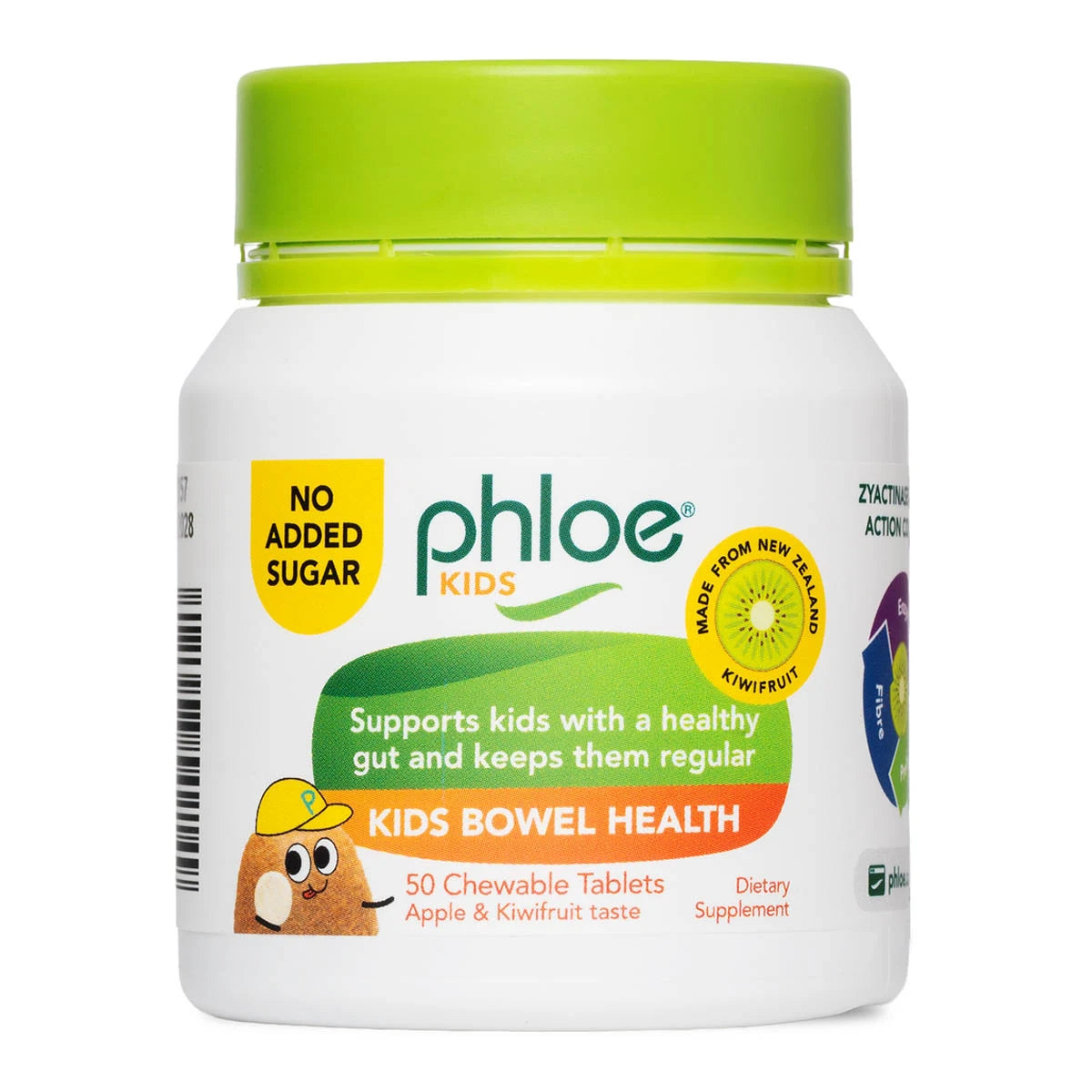 Phloe Kids Bowel Health 50 chewable tablets. Supports kids with a healthy gut and keeps them regular. Apple & Kiwifruit taste.
