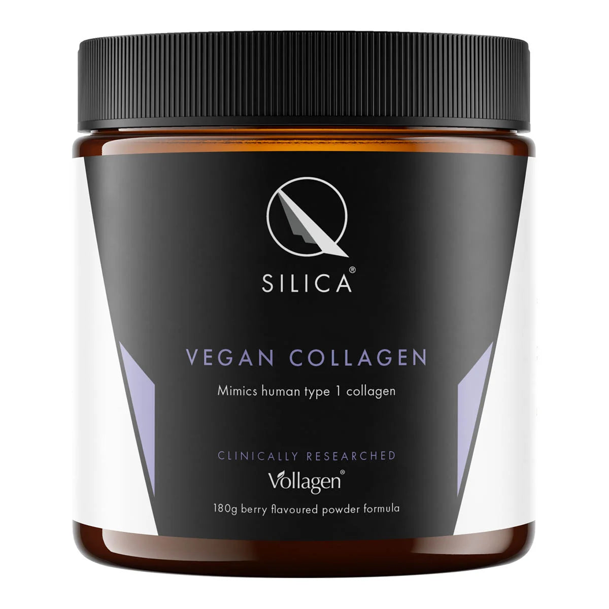 Silica Vegan Collagen container with black lid and label on a white background