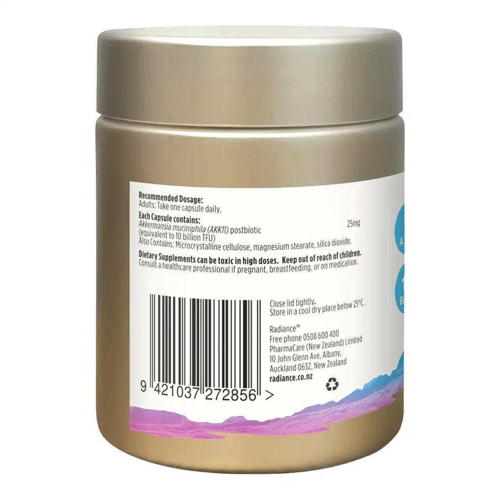 Back view of a plastic supplement bottle with a white label, showing dosage instructions and a barcode.