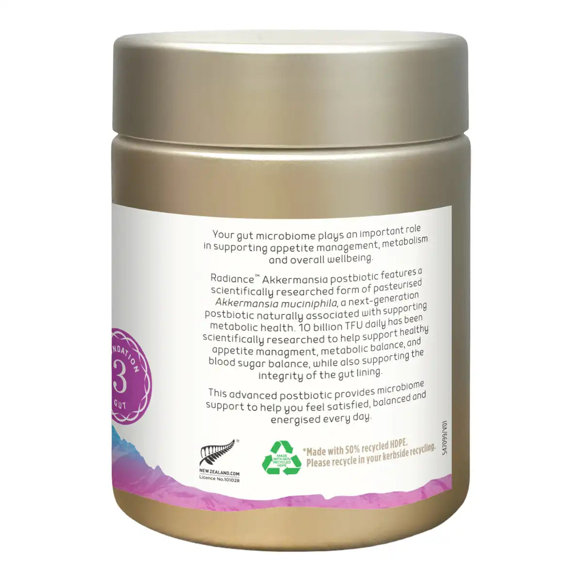 A jar of Radiance Akkermansia supplement, featuring a metallic gold lid and a white label with black text and purple accents.
