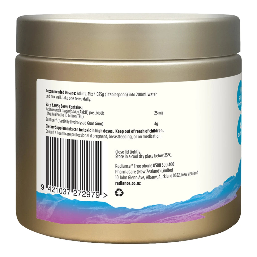 A jar of Radiance prebiotic fibre powder with a metallic gold lid and a white label showing the back side, including dosage instructions, a barcode, and a blue and purple wave graphic at the bottom.