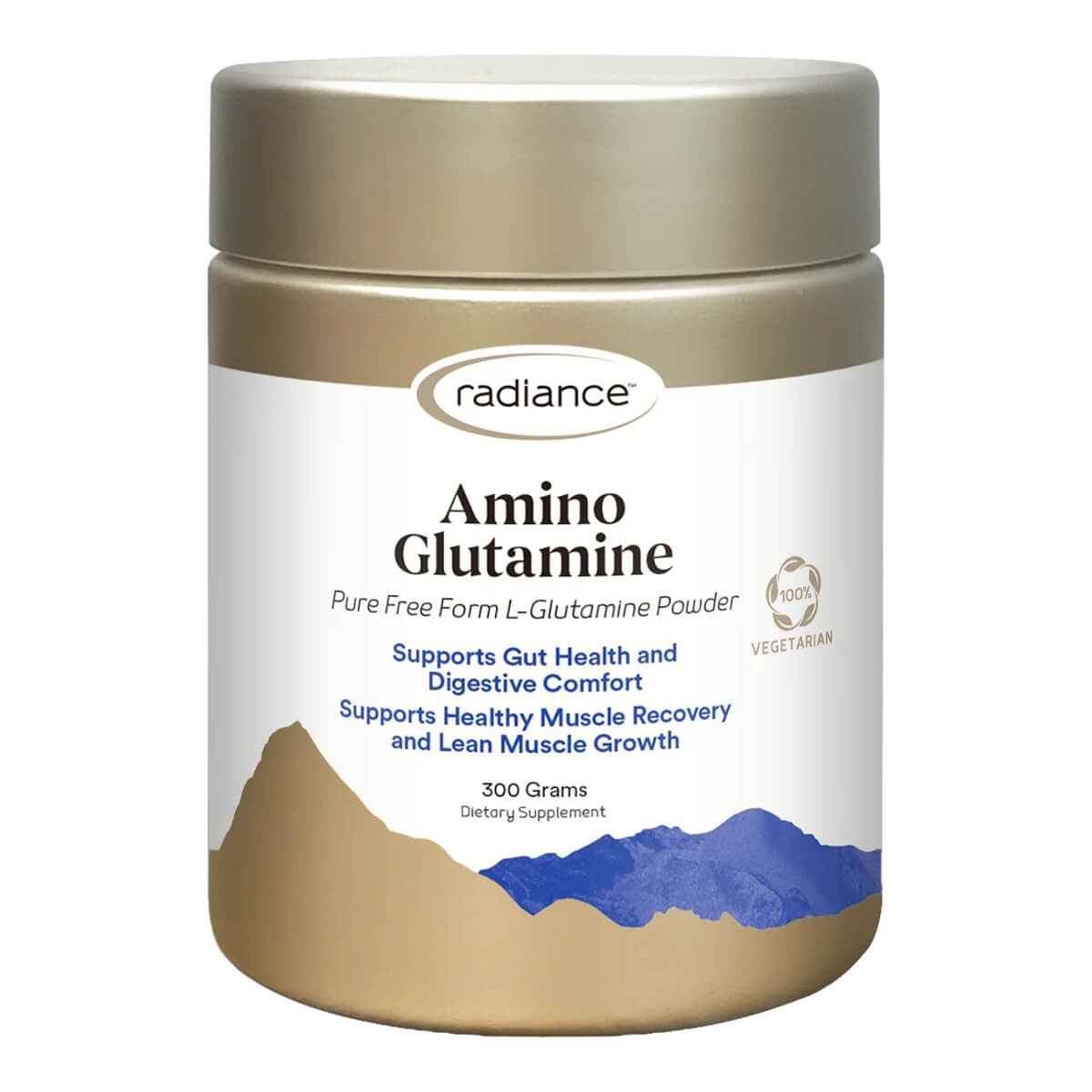 Radiance Amino Glutamine supplement container on a white background