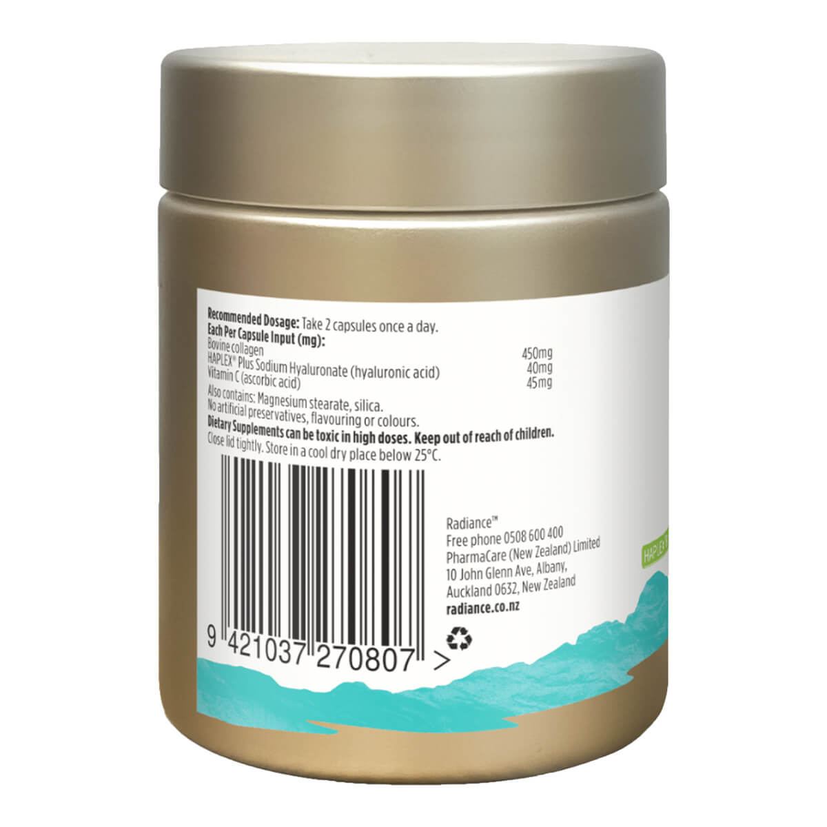 Back label of a supplement container with text and barcode on a white background