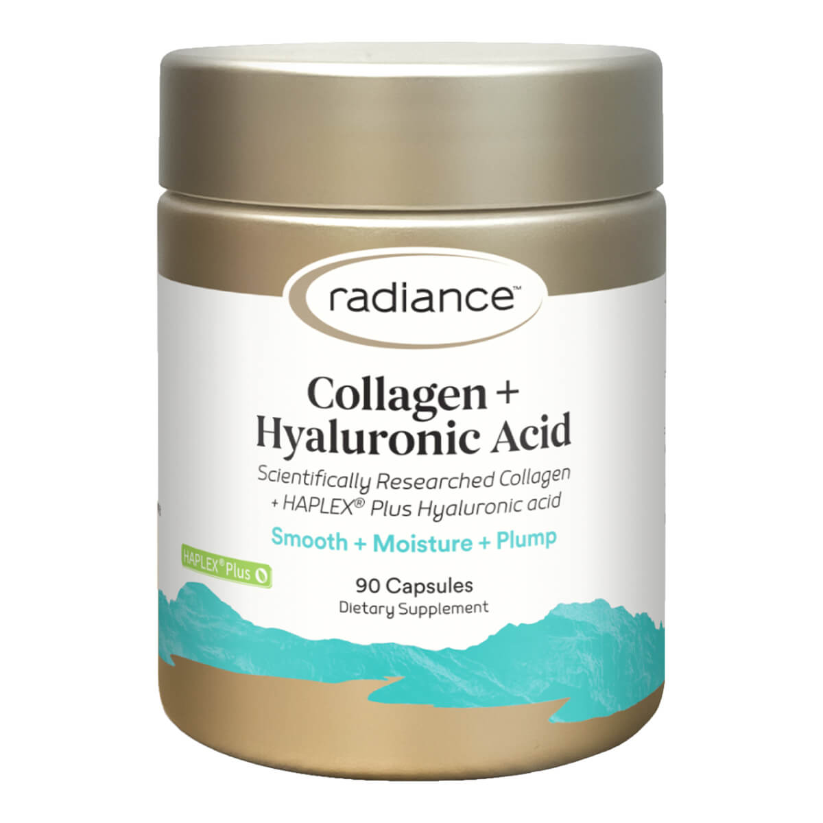 Radiance Collagen + Hyaluronic Acid supplement jar on a white background