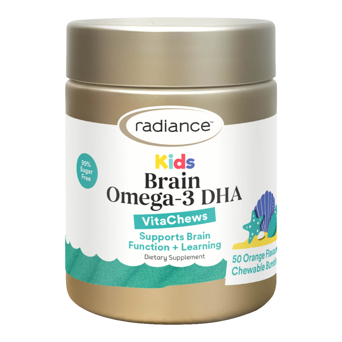 Radiance Kids Brain Omega-3 DHA VitaChews supplement jar on a white background