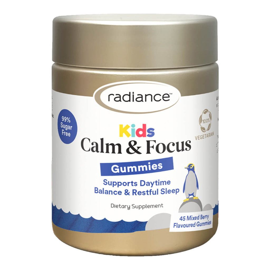 Radiance Kids Calm & Focus gummies supplement jar on a white background