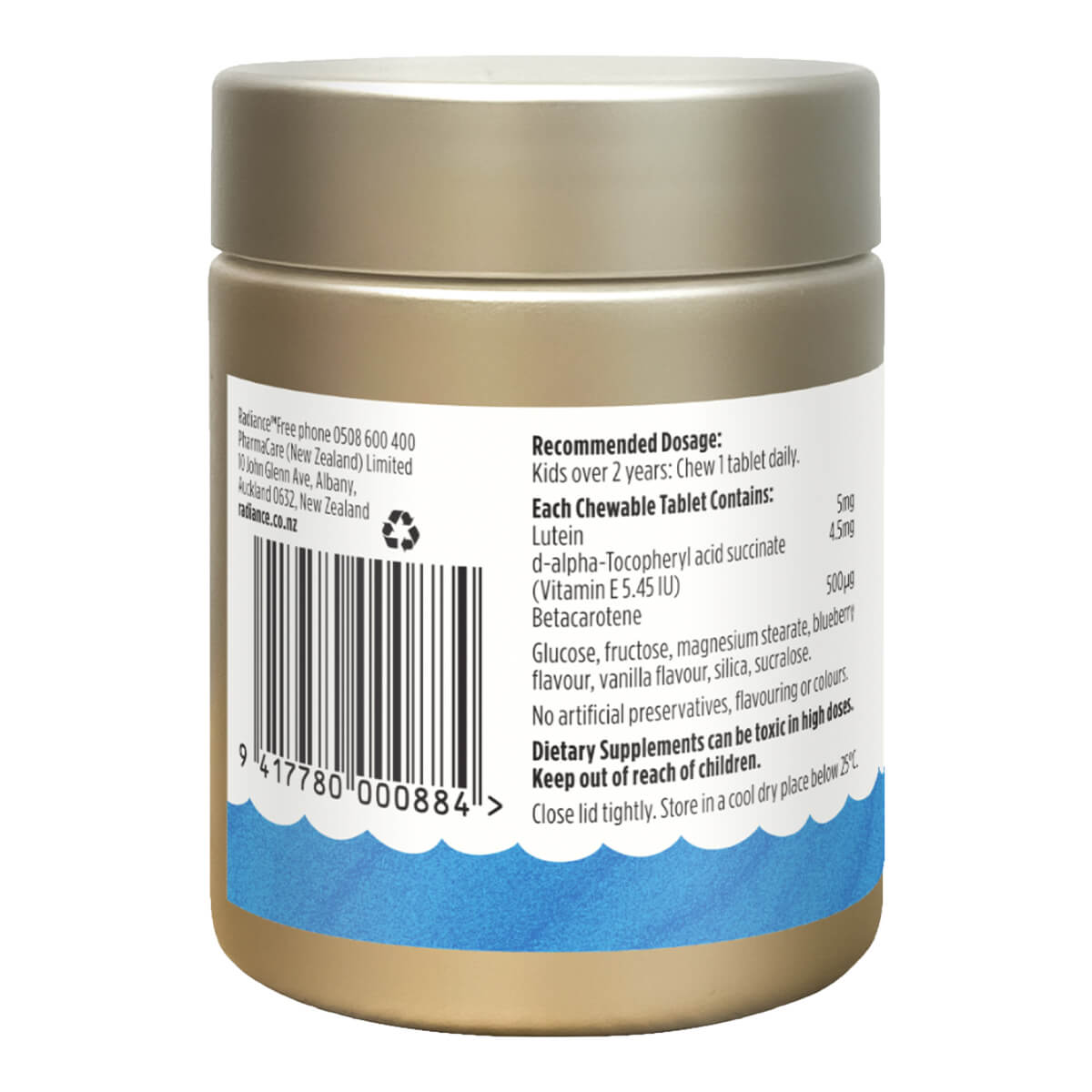 Back label of a supplement container with text and barcode on a white background