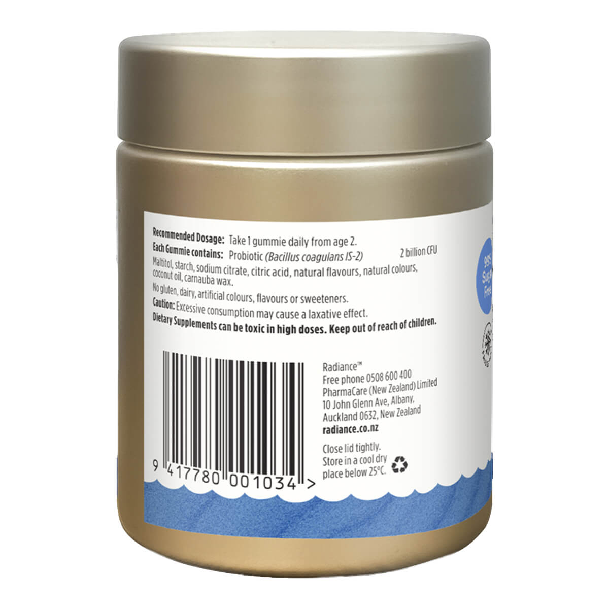 Back label of a supplement container with text and a barcode on a white background