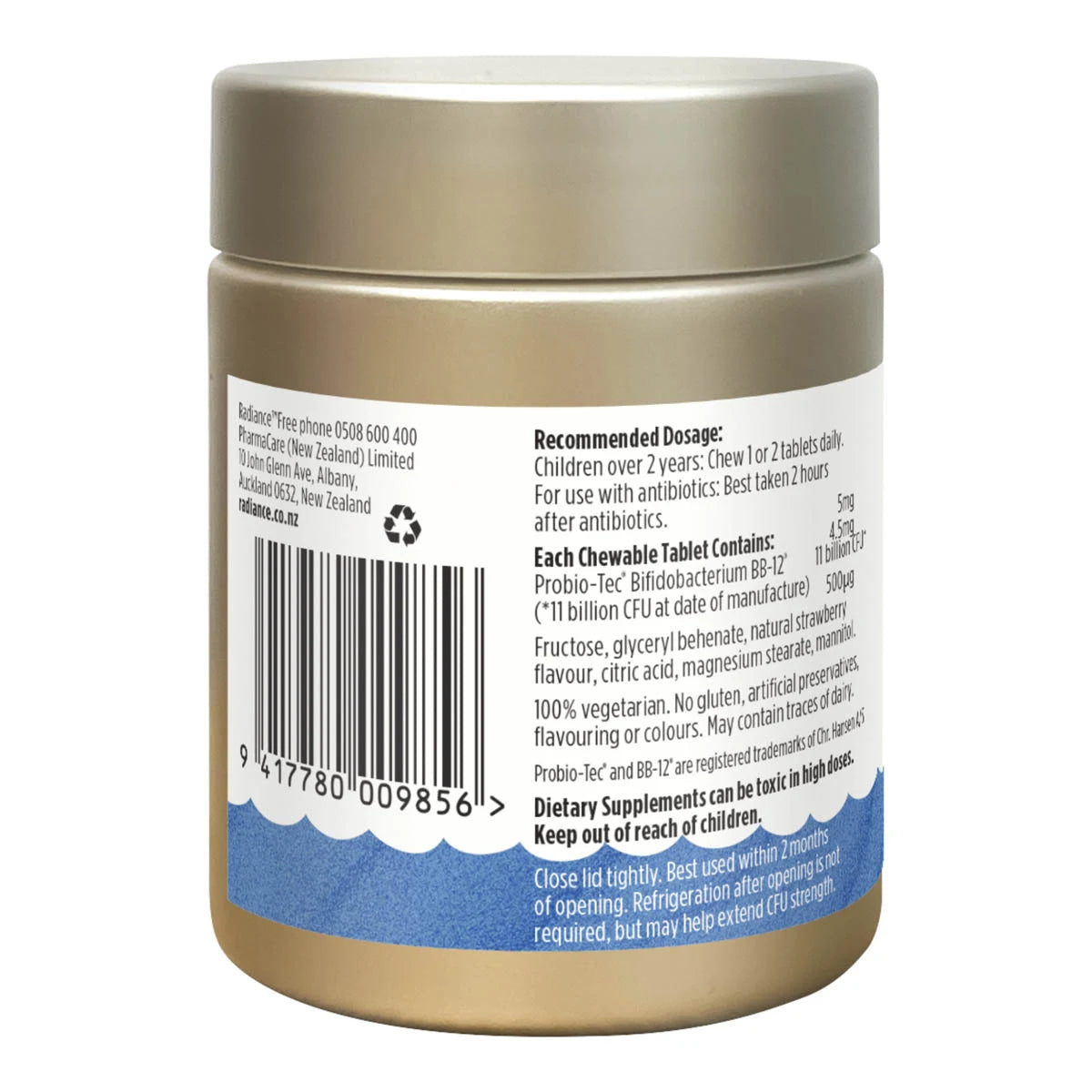 Back view of a supplement jar with label and barcode