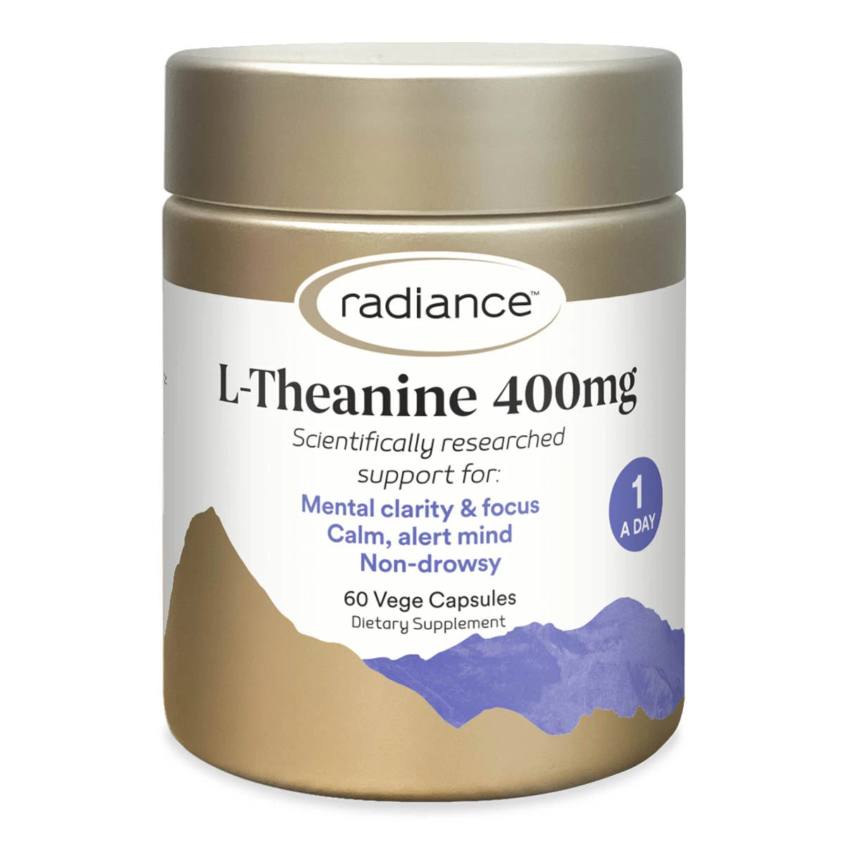 Radiance L-Theanine 400mg in a gold plastic bottle with 60 vege capsules. Mental clarity & focus. Calm, alert mind. Non-drowsy. 1 a day.
