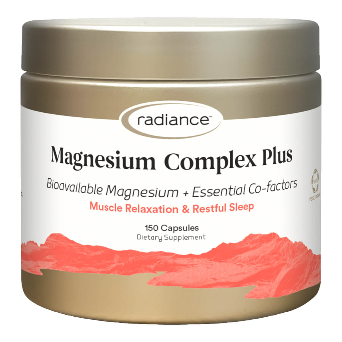 Jar of Radiance Magnesium Complex Plus supplement on a white background