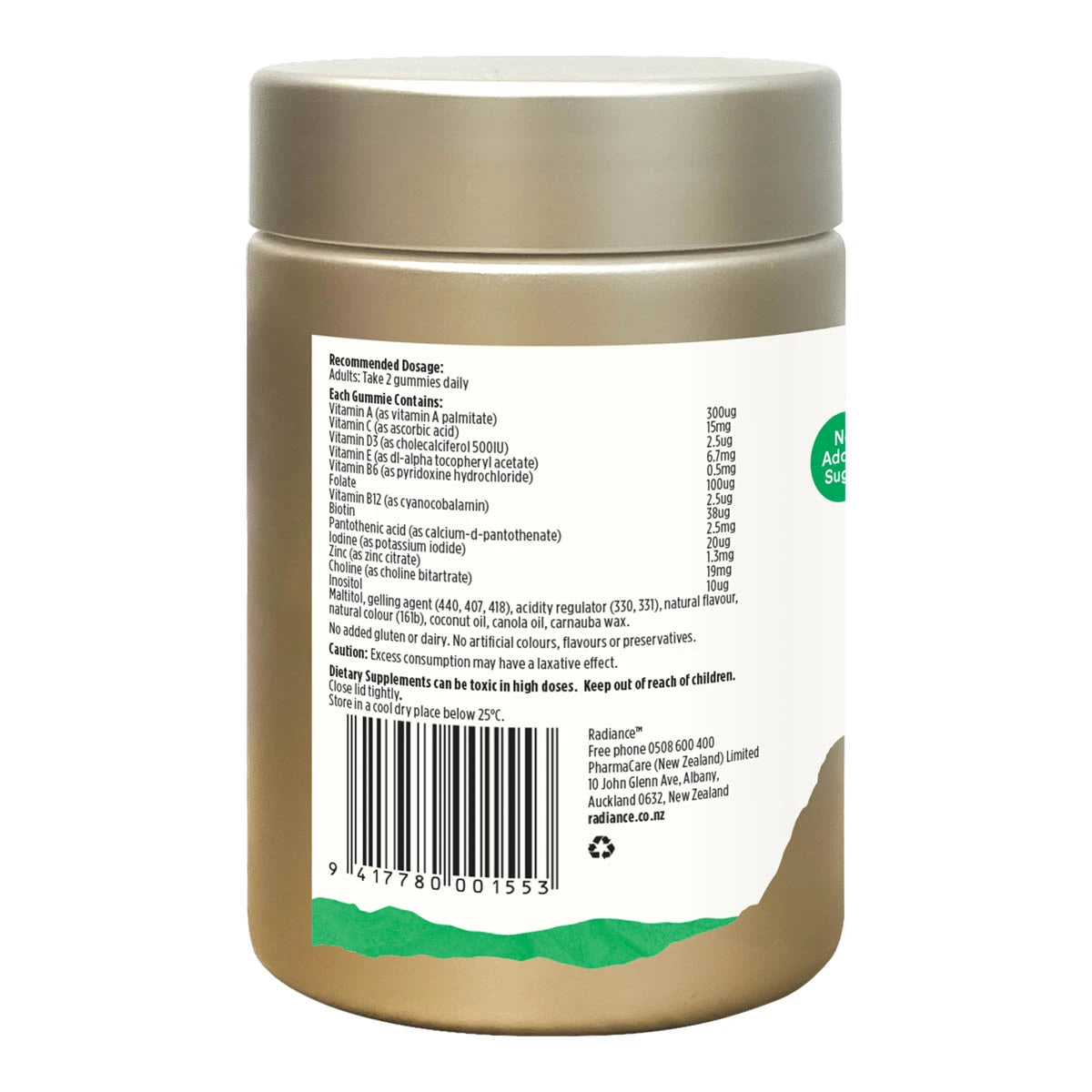 Back view of Multi Vitamin Gummies showing ingredients, recommended dosage and more product information.
