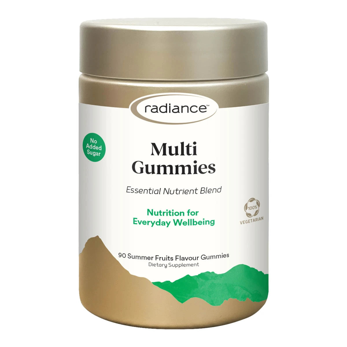 A bottle of Radiance Multi Gummies, 90 summer fruits flavour gummies, on a clean white background. The bottle has a metallic gold cap and base, with a white label featuring green accents and text.