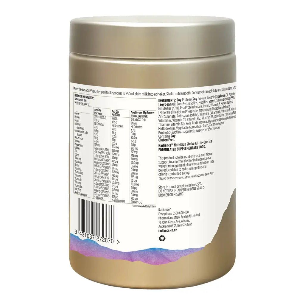 A plastic tub of Radiance Nutrition Shake All-In-One protein powder, showing the back label with nutritional information and barcode.