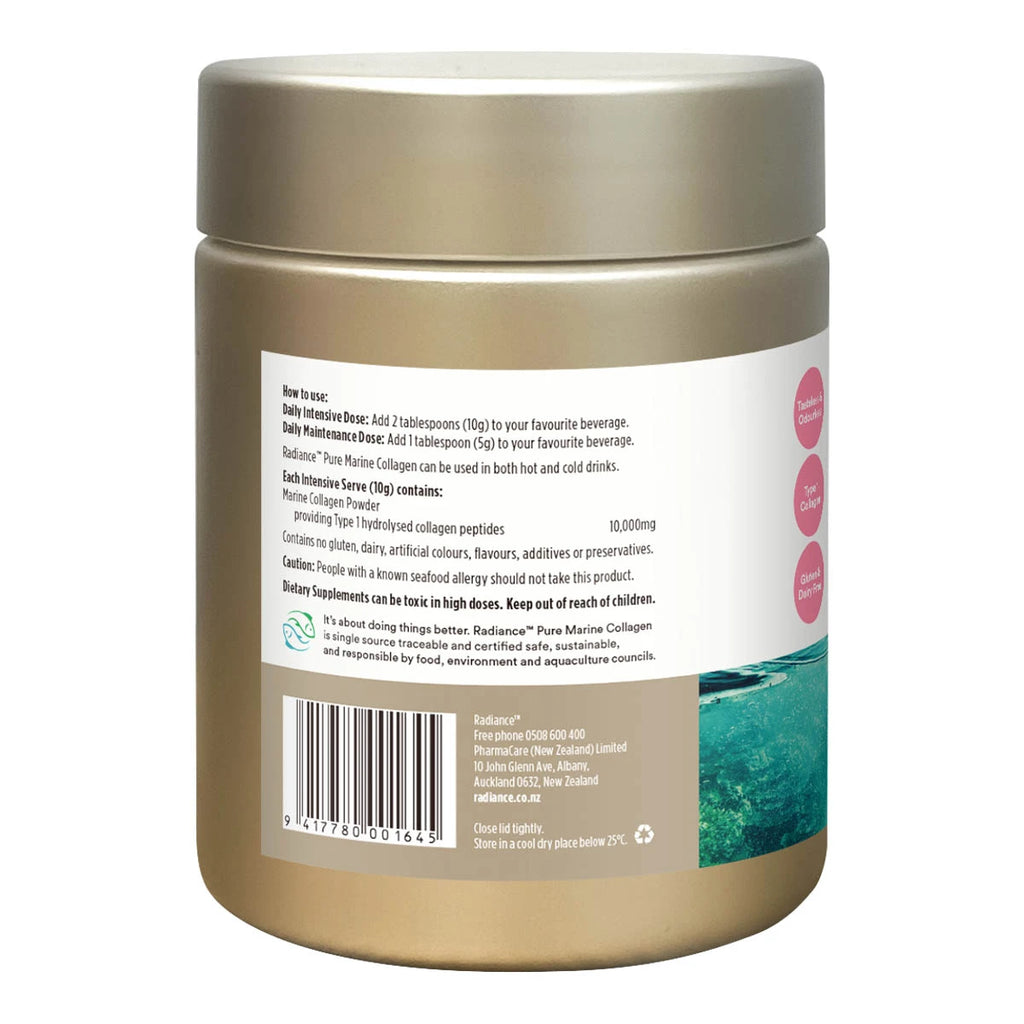 Side of Radiance Pure Marine Collagen showing usage instructions, ingredients per serve. Cautionary instructions and other product information.