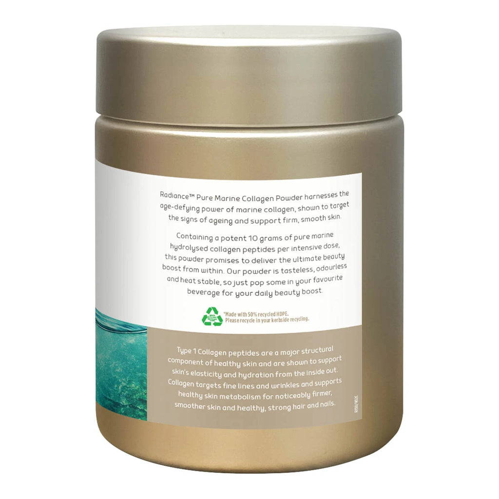 Side of Pure Marine Collagen powder showing label explaining the benefits of daily collagen usage and more.