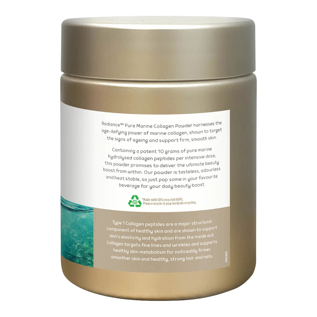 Side of Pure Marine Collagen powder showing label explaining the benefits of daily collagen usage and more.