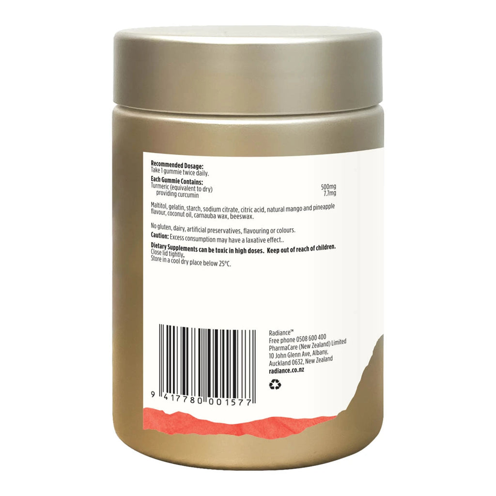 Back view of turmeric gummies in a gold plastic supplement jar with recommended dosage, ingredients and precautions.