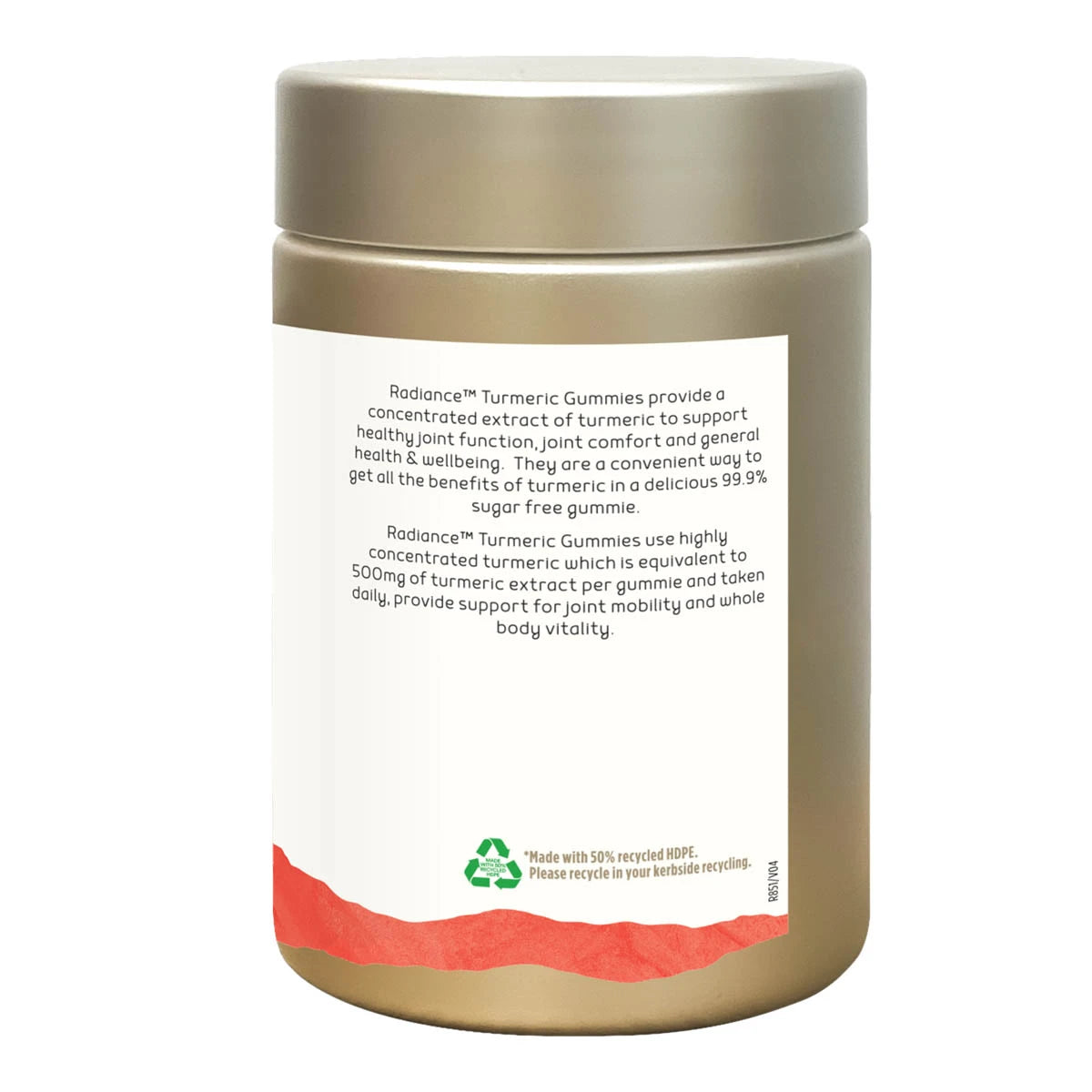 Side view of Radiance Turmeric Gummies supplement bottle showing a blurb about the benefits of these gummies.