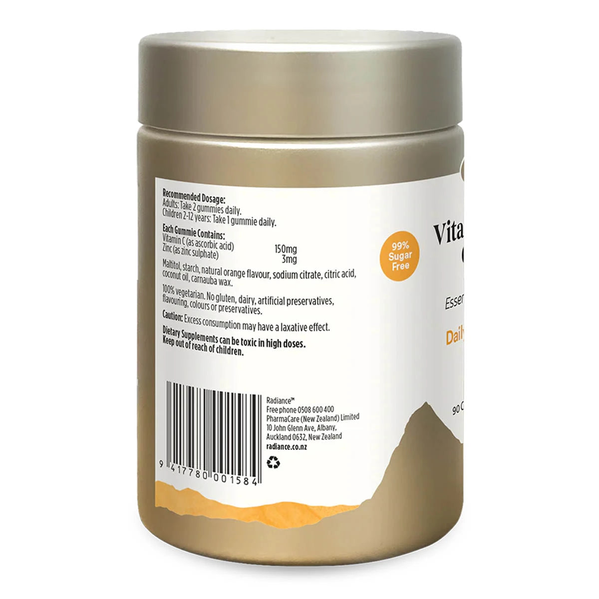Side of Radiance Vitamin C & Zinc gummies showing dosage, ingredients, precautions.