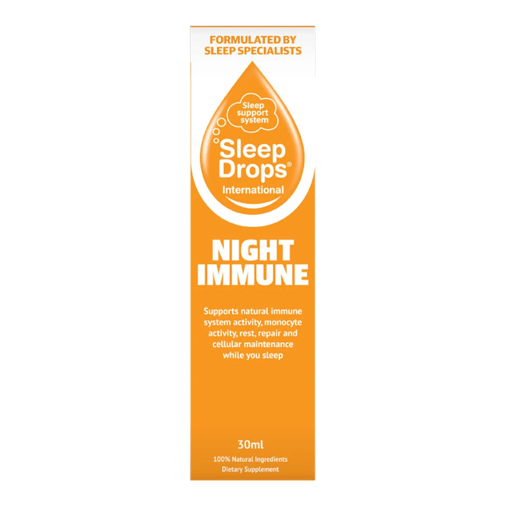 Orange box packaging of SleepDrops Night Immune. Supports natural immune system activity, monocyte activity, rest, repair and cellular maintenance while you sleep.