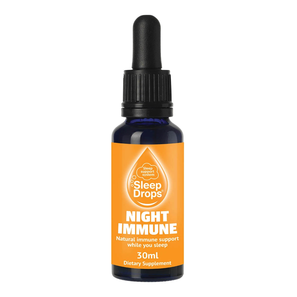 Sleep Drops Night Immune 30ml in a dark glass dropper bottle with a black rubber dropper and an orange and navy label on a white background