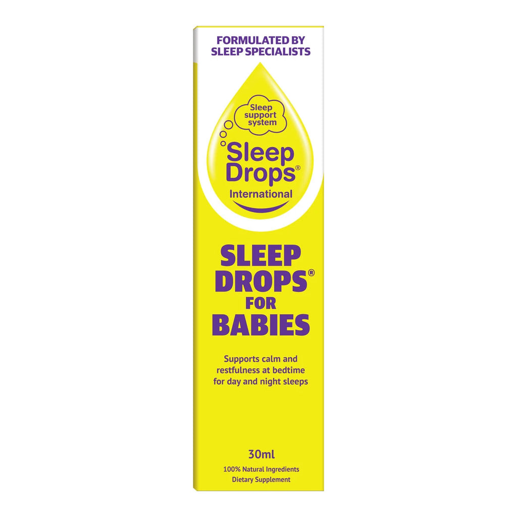 A tall, narrow yellow box for Sleep Drops International Sleep Drops for Babies, featuring purple and white text and graphics on a plain white background.