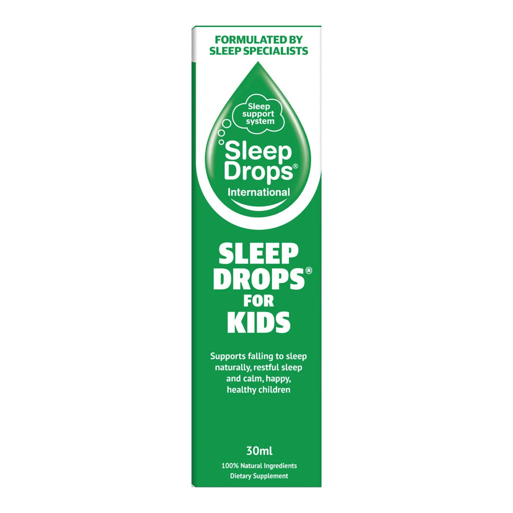 A tall green box for Sleep Drops for Kids by Sleep Drops International, shown against a plain white background.