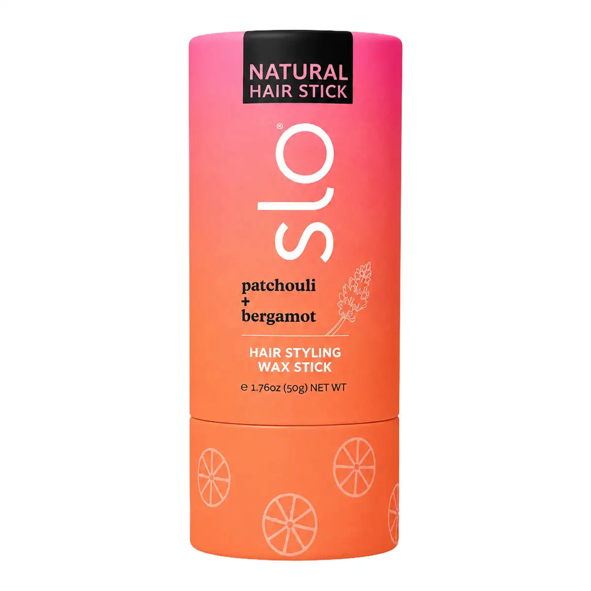 slo Hair Styling Wax Stick in Patchouli and Bergamot 50g, a coral and orange cardboard push-up tube with citrus illustrations