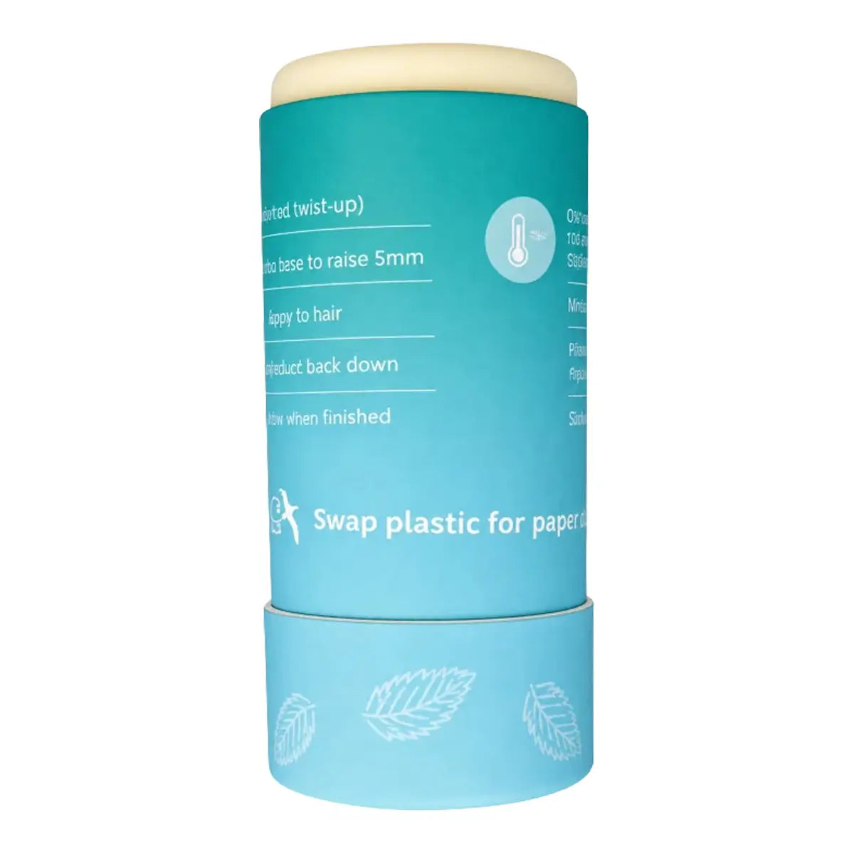 slo Hair Styling Wax Stick in Peppermint and Jojoba 50g, an aqua cardboard tube opened to show the cream wax and a swap plastic message
