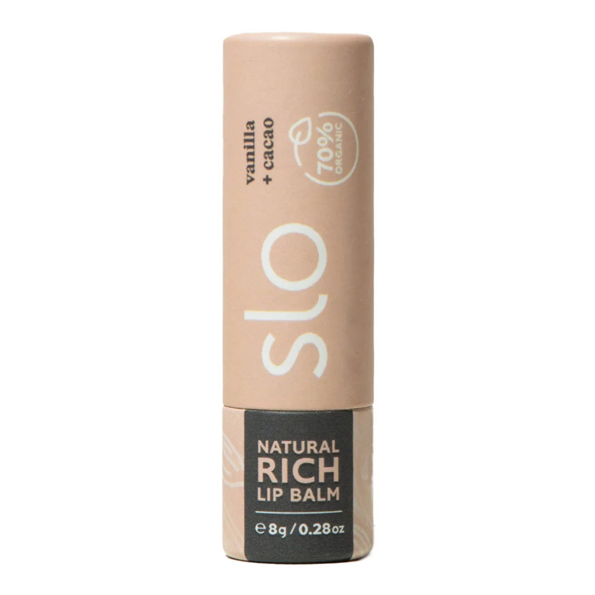 Slo Lip Balm Vanilla & Cacao in a light beige paperboard tube. 