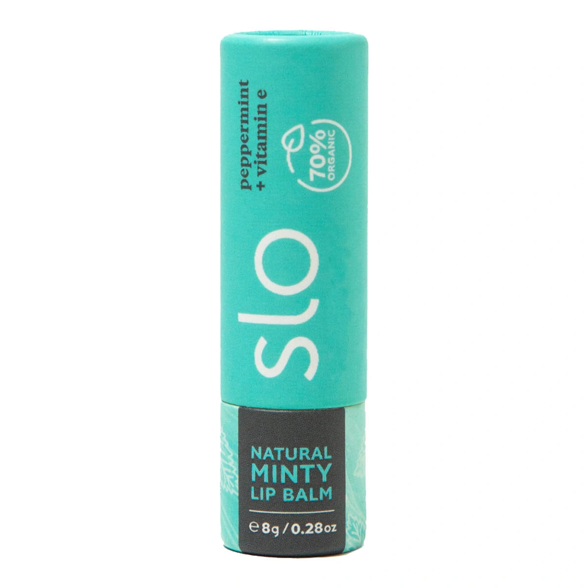 Turquoise lip balm cardboard tube container with 'SLO' branding on a white background. Peppermint & vitamin E.