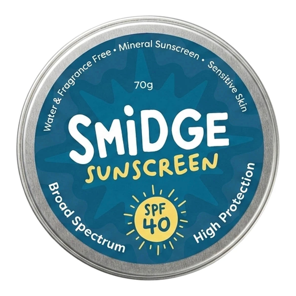 A round metal tin of Smidge Sunscreen SPF 40, featuring a blue label with white and yellow text and graphics on a white background.