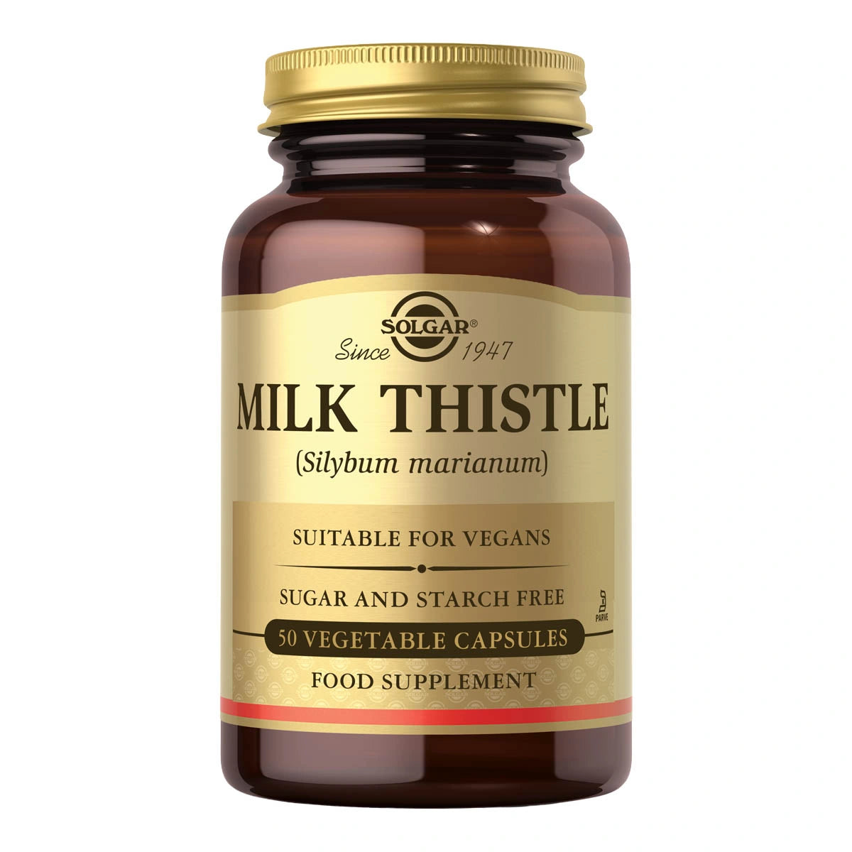 Brown glass bottle with gold tin lid and label. Solgar milk thistle 50 vege capsules.