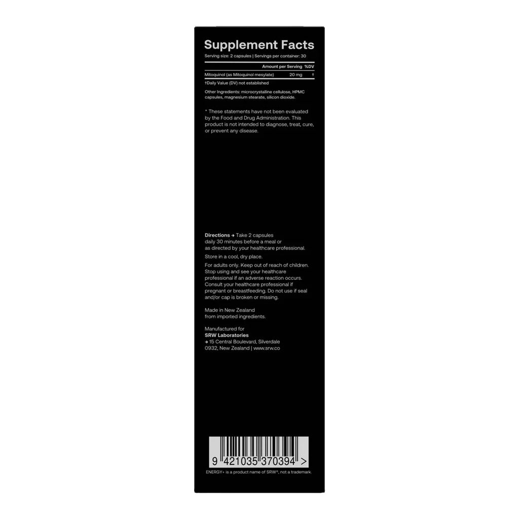 Back of SRW Energy+ with directions, ingredients & other product details.