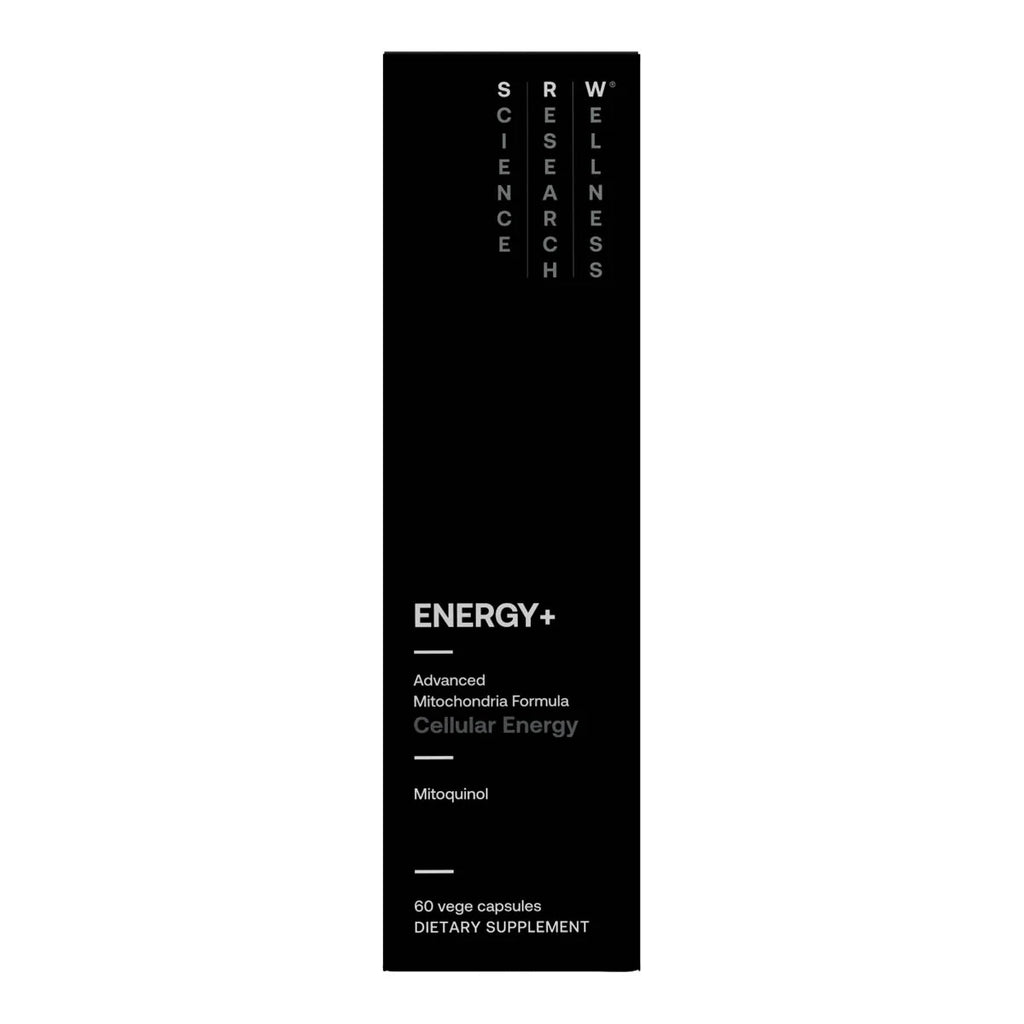Black supplement bottle labeled 'Energy+' with 'Wellness Research' branding on a white background