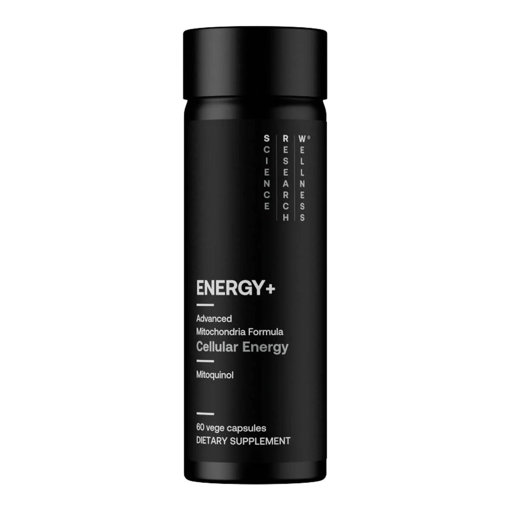 Black supplement bottle labeled 'Energy+' on a white background