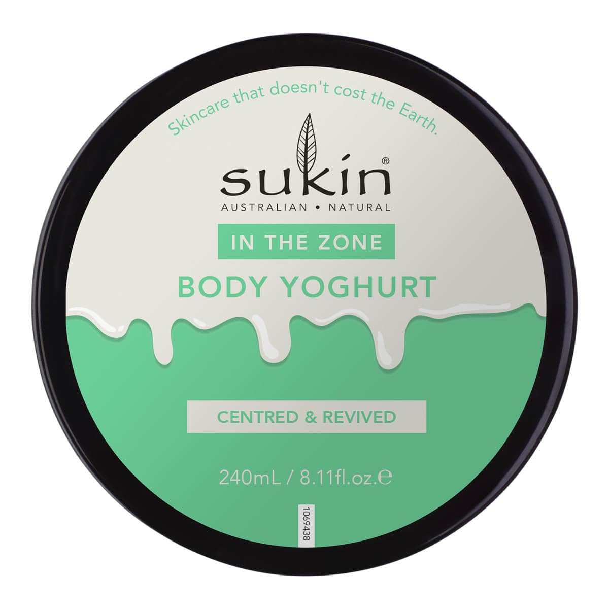 Sukin body yoghurt container with black lid and green label on a white background.