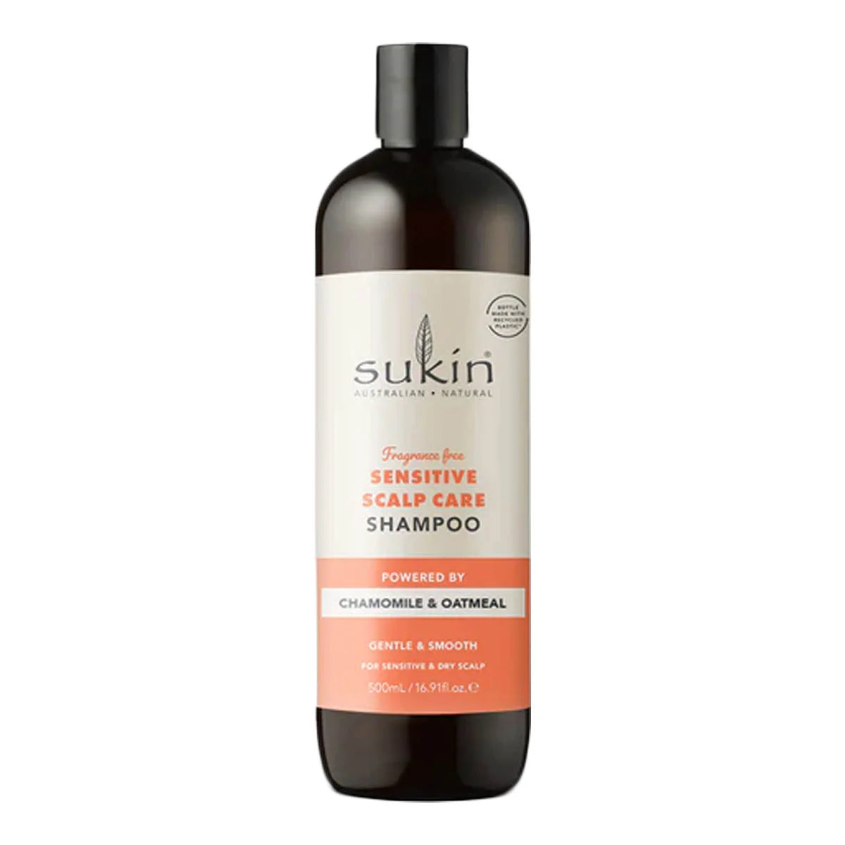 500ml bottle of Sukin Sensitive Scalp Care Shampoo. Powered by Chamomile & oatmeal.